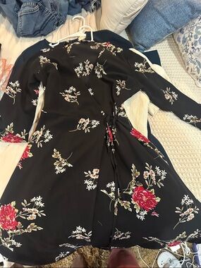 Black Floral Wrap Dress with Red & Cream Blooms